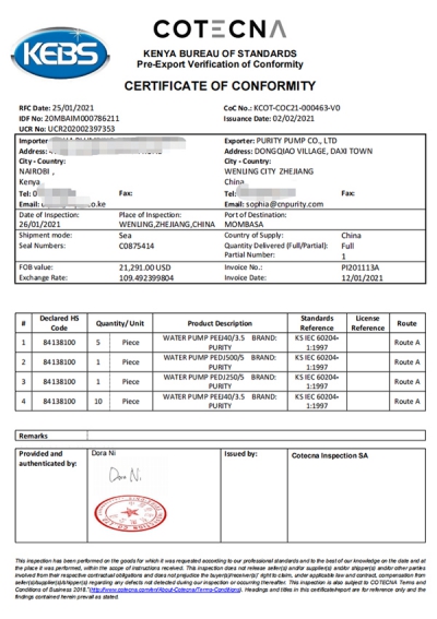 Export certificat PVOC în țări africane (Kenya)