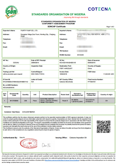 Export certificat SONCAP în țări africane (Nigeria)